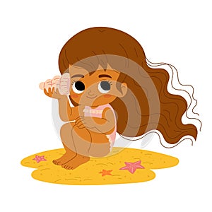 Cartoon vector illustration, Cute cartoon girl sits on the beach with a seashell and listens to the sound of the sea