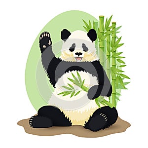 Cartoon vector illustration. Cute smiling giant panda sitting holding green bamboo branch and waving