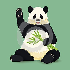 Cartoon vector illustration. Cute smiling giant panda sitting holding green bamboo branch and waving. Black and white asian bear.