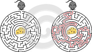 Cartoon Vector Illustration of Education Maze or Labyrinth Game for Preschool Children with Funny Mouse and Cheese