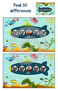 Cartoon Vector Illustration of Education to find 10 differences in a colorful kid-friendly illustrations, the submarine floats wit