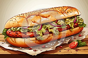 cartoon vector illustration of Enthusiastic hot dog cartoon holding a blank wooden sign at a fair