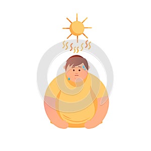 Cartoon vector illustration of a fat man sweats from abnormal hot weather under the sun, flat lay style