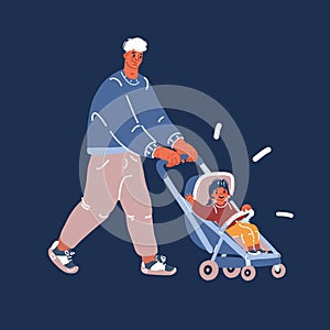 Cartoon vector illustration of Father walking with a stroller and a baby