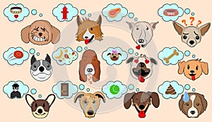 Cartoon Vector Illustration of Funny Dogs Expressing Emotions. Funny Mixed Breed dogs with Speech Bubble. Dog Brain Thinking.