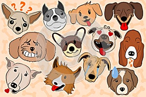 Cartoon Vector Illustration of Funny Dogs Expressing Emotions. Puppy emoji showing various emotions.
