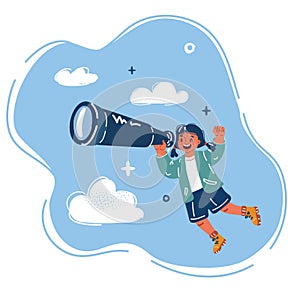 Vector illustration of girl observing the horizon with a telescope. Searching and researches concept