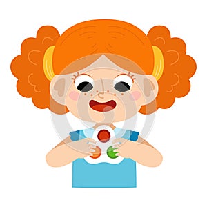 Cartoon vector illustration, A girl with red hair holds an antistress simple dimple toy in hands