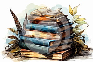cartoon vector illustration of Hand-drawn sketch of books, open book, and quill pen in watercolor