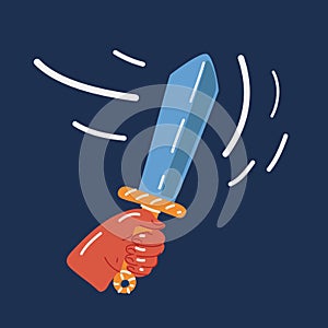 Vector illustration of hand holds sword over dark background.