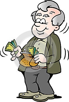 Cartoon Vector illustration of a happy old man taking money out of his wallet