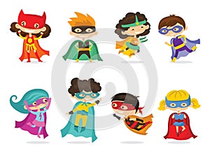 Cartoon vector illustration of Kid Superheroes wearing comics costumes