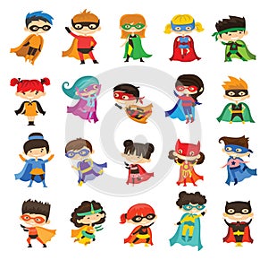 Cartoon vector illustration of Kid Superheroes wearing comics costumes isolated on the white background