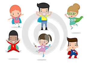 Cartoon vector illustration of Kid Superheroes wearing comics costumes,Kids With Superhero Costumes set, kids in Superhero costume