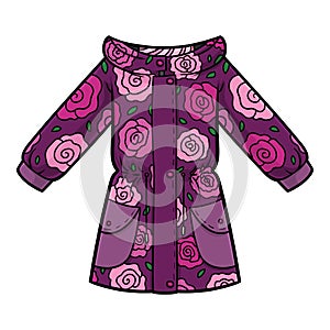 Cartoon vector illustration for kids, Girls parka jacket with a roses pattern