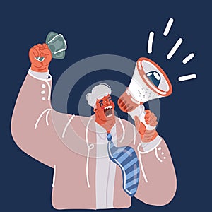 Cartoon vector illustration of Loudspeaker in a man's hand. Alert, announcement, warning, advertising concept.