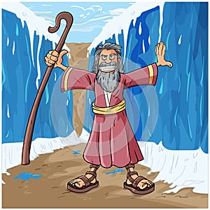Cartoon vector illustration of Moses parting the Red sea