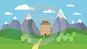 Cartoon vector illustration of mountain landscape with trees, hills and path to hotel building under blue sky with clouds