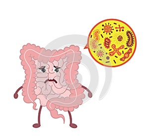 Cartoon vector illustration sad unhealthy intestine.Stomach character illustration icon design. Microscopic bacterias. microflora, photo