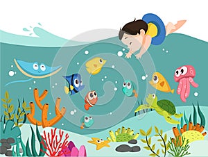 Vector - Corral and fish cartoon illustration. Sea vector illustration.