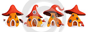 Cartoon vector illustration set of magic forest or garden tiny home made from fungus with grass and flowers. Fantasy