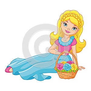 Cartoon vector illustration of sitting girl with flower basket