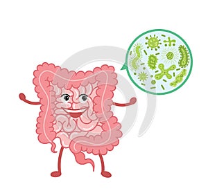 Cartoon vector illustration strong healthy happy Intestine.Stomach character illustration icon design. Microscopic bacterias. micr photo