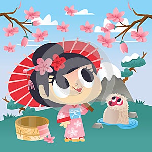 Super Cute Cartoon Japanese Kimono Girl At Hot Spring Onsen