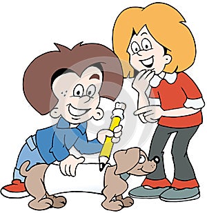 Cartoon Vector illustration of two happy children with a family dog
