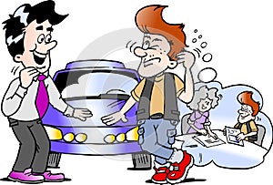 Cartoon Vector illustration of a young man think how to finance the sports car