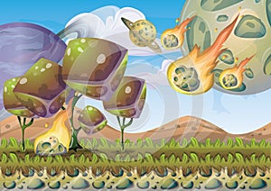 Cartoon vector landscape with meteor background with separated layers for game art and animation game