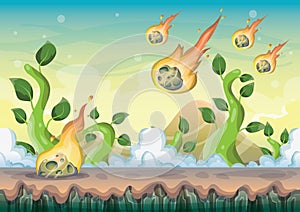 Cartoon vector landscape with meteor background with separated layers for game art and animation game design asset