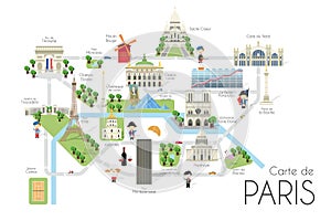 Cartoon vector map of the city of Paris, France. Travel illustration with landmarks and main attractions