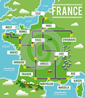 Cartoon vector map of France. Travel illustration with french main cities.