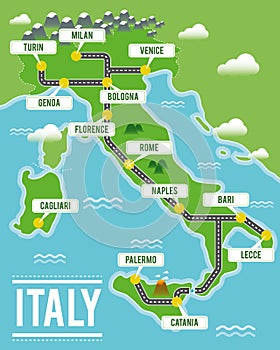 Cartoon vector map of Italy. Travel illustration with italian main cities.