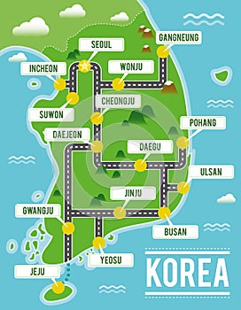 Cartoon vector map of South Korea. Travel illustration with south korean main cities.