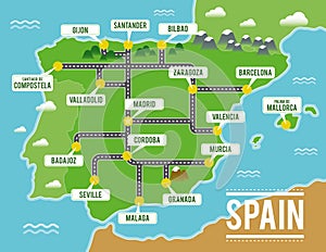 Cartoon vector map of Spain. Travel illustration with spanish main cities.