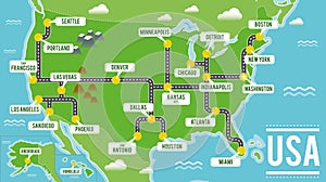 Cartoon vector map of USA. Travel illustration with american main cities.