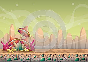 Cartoon vector nature landscape background with separated layers for game art and animation game design asset