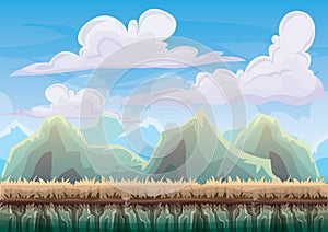 Cartoon vector nature landscape background with separated layers for game art and animation game design asset