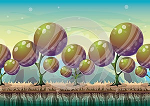 Cartoon vector nature landscape background with separated layers for game art and animation game design asset