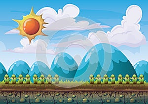 Cartoon vector nature landscape background with separated layers for game art and animation game design asset