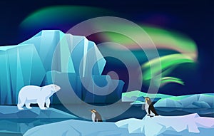 Cartoon vector nature winter arctic ice landscape with iceberg, snow mountains hills. Polar night with aurora borealis