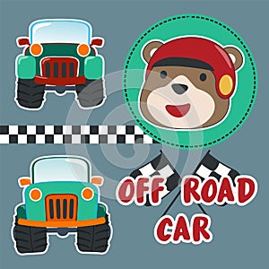 Cartoon vector of off road car with little animal driver. Can be used for t-shirt print, kids wear fashion design, invitation card