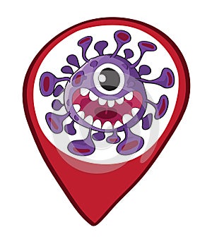 Cartoon vector Pin Covid-19 Coronavirus isolated for map on white background. Freehand style.Cartoon character virus