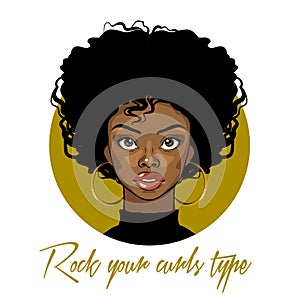 Cartoon vector portrait of an Afro American girl with curly hair, big eyes and golden earrings. Fashion Illustration on white back