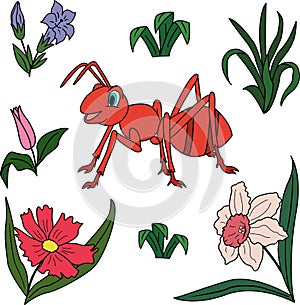 Cartoon vector positive ant, beautiful flowers, green grass. Colorful clipart ant on the lawn, daffodil, bluebell