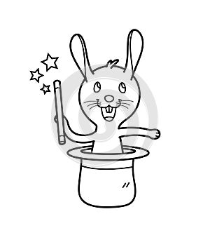 Cartoon Vector Rabbit Holding a Magic Stick Coming out of a Magician`s Hat Performing Trick