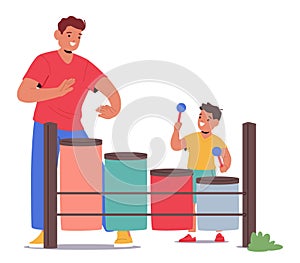 Cartoon Vector Scene Of A Father And His Young Son Playing With Musical Toys At A Playground. Boy Drums With Mallets