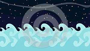 Cartoon Vector Sea Waves on a Starry Night Background